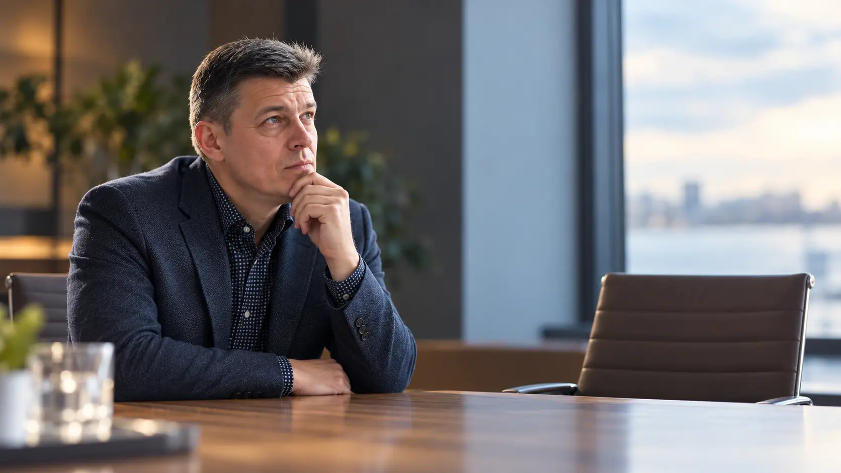 Mikk Orglaan sits alone at a table, looking thoughtfully upward, with an empty chair beside him